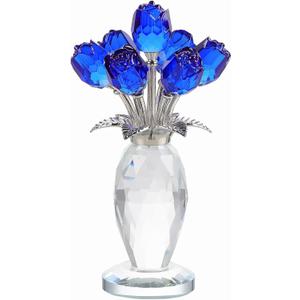 Crystal Blue Rose Flower Figurine with Vase, Handmade Romantic Rose Gifts Bouquet for Wife Mom Women, Glass Rose Flower with Stem Home Decor for Valentine Mother's Day Christmas