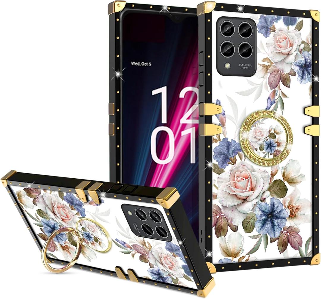 for T-Mobile Revvl 6 Pro 5G Case Gold Squared Corner Luxury Elegant Classic Retro Soft TPU Protective Cover with Ring Grip Kickstand for T-Mobile Revvl 6X Pro Phone Case - White Flower