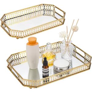2Pcs Gold Vanity Tray, Vintage Mirror Decorative Perfume Tray for Dresser, Jewelry, Bedroom Vanity, Bathroom Counter, Living Room(2 Size)