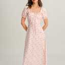 RIHOAS Womens Summer Dresses Square Neck Vintage Short Sleeve Midi Dress Casual Puff A Line Chiffon Sundress (Pink, M)