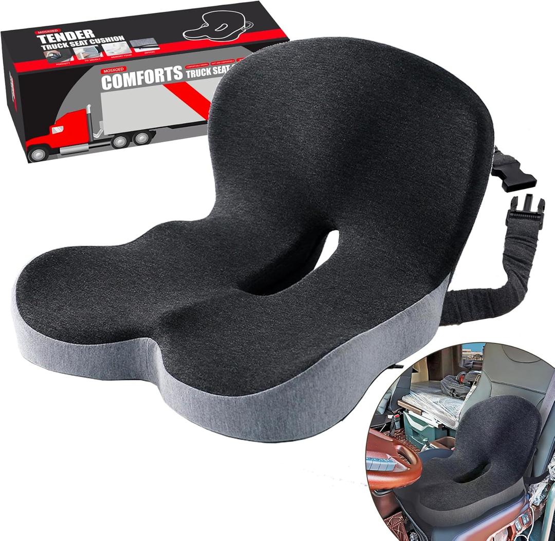 Ergonomic Seat Cushion with Adjustable Strap, Memory Foam Office Chair Seat Cushion with L-Shaped Design, Car Seat Cushion Fits for Truck Driver Semi Truck, Gaming Chair, Desk, Light&Dark Gray