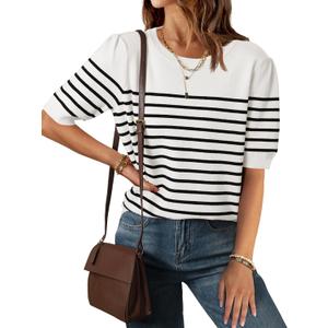 ZESICA Women's Casual Striped Tops Short Sleeve Crew Neck Ribbed Knit T Shirts Comfy Loose Basic Pullover Sweater (Medium)