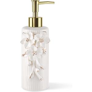 Handmade Ceramic Flower Soap Pump Dispenser Hand Lotion Liquid Dispenser Refillable for Kitchen and Bathroom Decorative (Flower Gold)