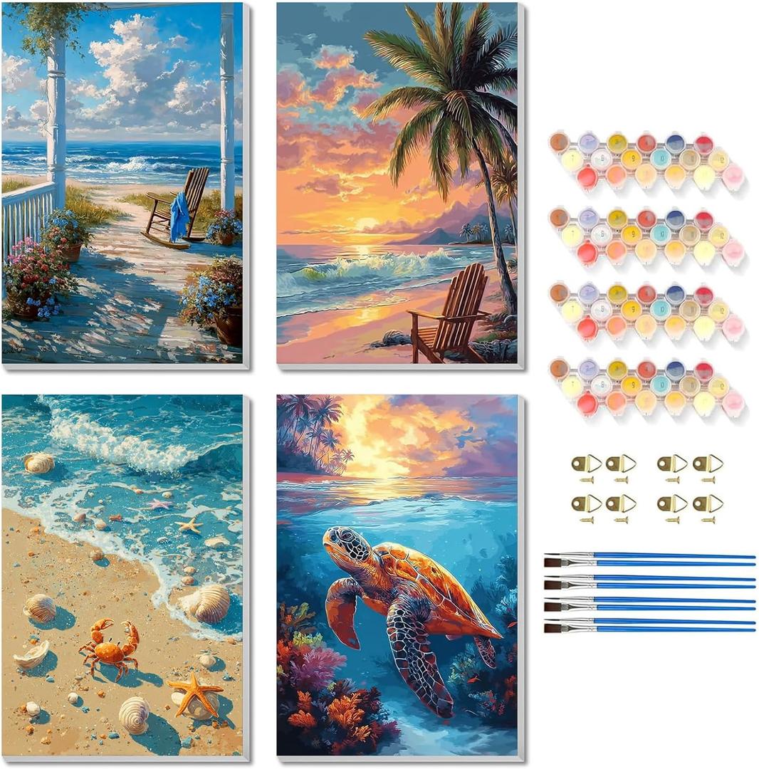 TBAIRO 4 Pack Framed Paint by Numbers Kit for Adults Beginner Beach DIY Painting Kits for Adults Sea Turtle Easy Adult Paint by Number Kits on Canvas for Wall Art Decor 8x12 Inch