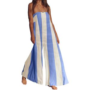 Summer Strapless Wide Leg Jumpsuits Women Cotton Striped Strapless Long Beach Rompers 2026 One Piece Outfits Pockets (L)