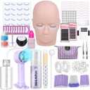 LZM Professional Eyelash Extension Starter Kit for Beginners Practice 01 | Lash Extension Kit for Tech with Mannequin Head, Rechargeable Fan, Shampoo, Glue, Tweezers Supplies for Practice Training
