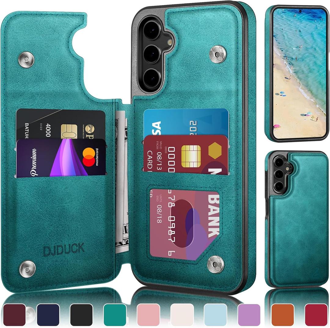 DJDUCK Designed for Samsung Galaxy S24 Plus Case Wallet with Card Holder, [Magnetic Clasp Cover] [RFID Blocking Leather Protection] Shockproof Women Men Cases for Samsung S24 Plus Blue Green