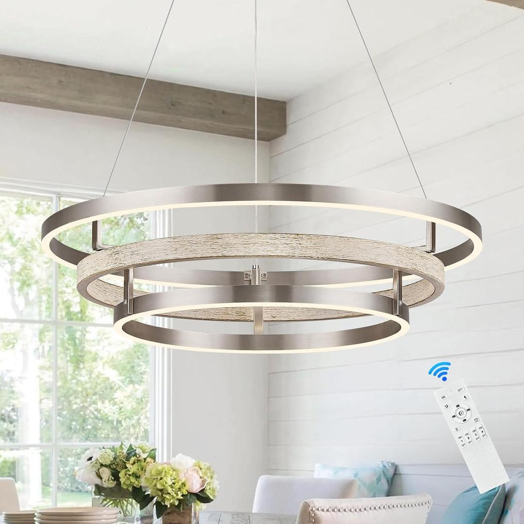 3 Ring LED Chandelier Nickel Round Chandelier Light Fixture Dimmable Foyer Chandeliers Light Weathered Wood Circular Chandeliers for Dining Room Entry Bedroom Office Living Room, 24 inches