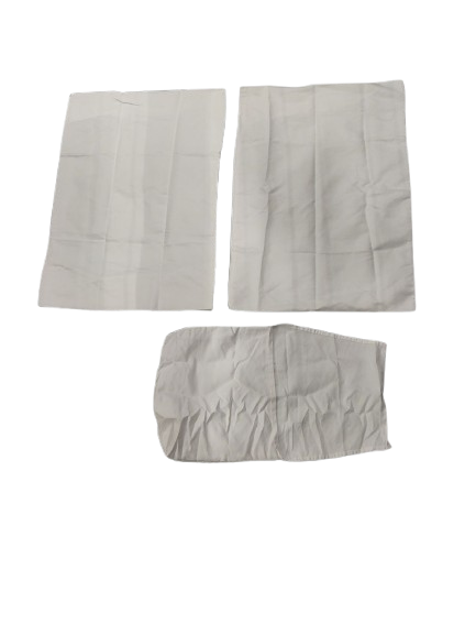 2 Pillow cases: 30" x 20"; white bag: 14" x 14"; White sheet: 106" x 80"; Fitted sheet: 55" x 80"