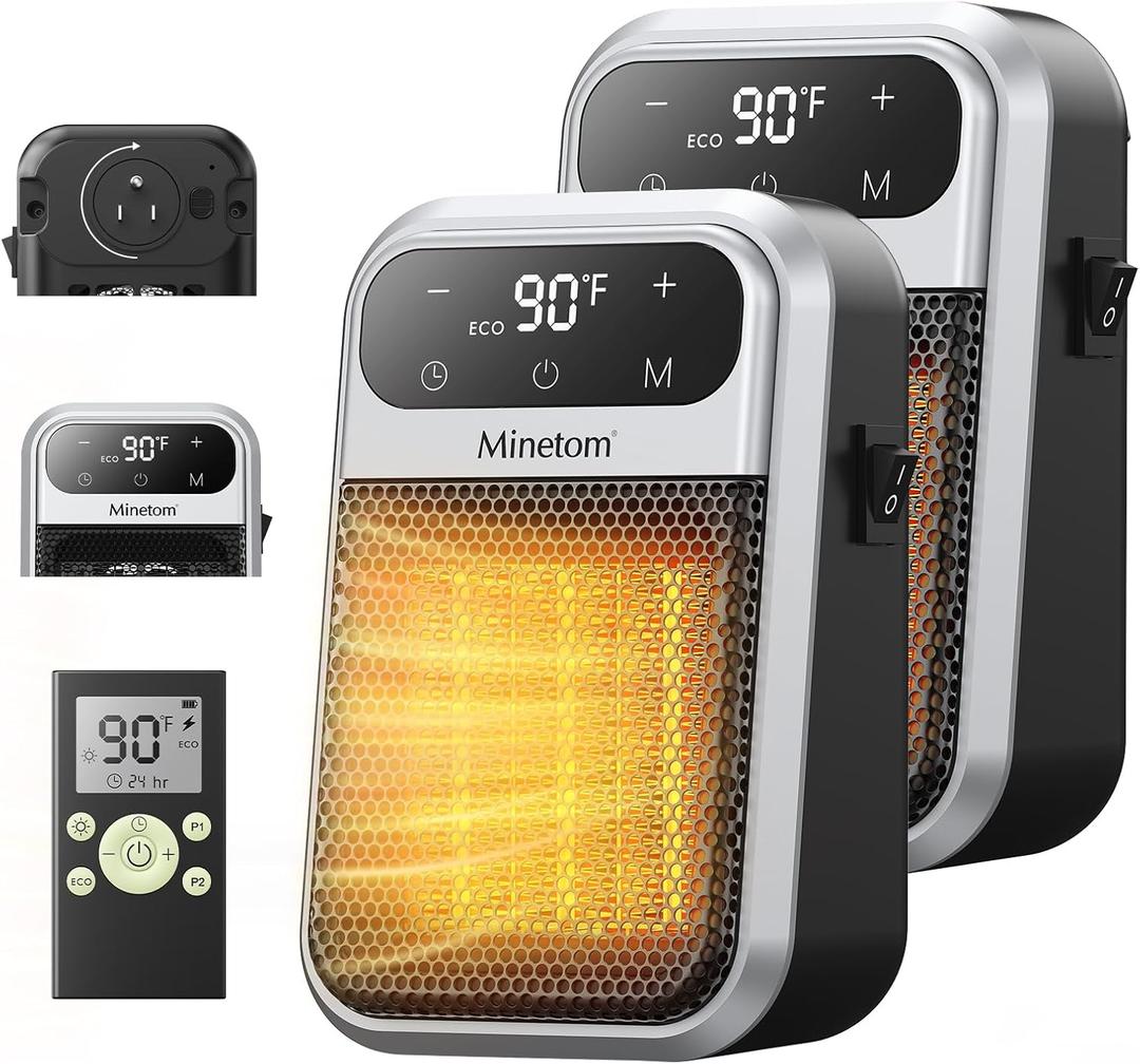 Minetom 800W Plug In Heater, Small Wall Outlet Heater for Indoor Use, Remote, 12H Timer, ECO Mode, Overheat Protection, Fast and Safe Heat for Bathroom Office Bedroom Home