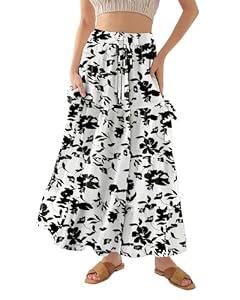 Bsubseach Women's Maxi Skirts 2026 Summer Boho Elastic High Waist Floral Print Pleated Ruffle Flowy Long Skirt with Pockets Print Black, Large