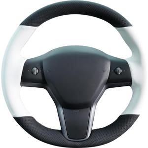 MEWANT Hand Stitched White Leather Tesla Model 3 Steering Wheel Cover for Tesla Model 3 2017-2023 / Model Y 2020-2023 for Tesla Model 3/Y Accessories