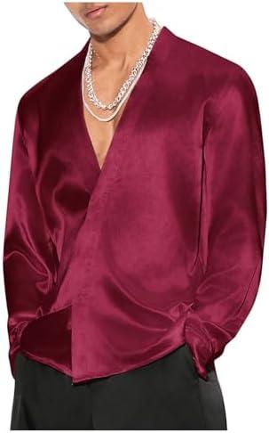 Floerns Men's Wedding Long Sleeve V Neck Shirts Shiny Satin Prom Party Club Shirts, XL