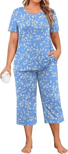 POPYOUNG Plus Size L-5XL Womens Pajamas sets with Comfy Capri Pants Short Sleeves Sleepwear Pjs Sets with Pockets