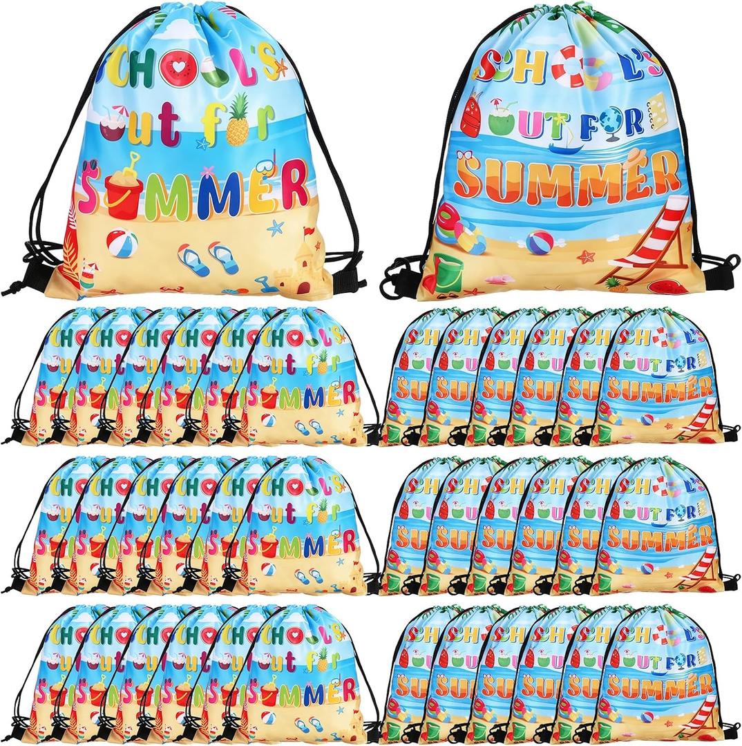 Uoeo 36 Pack End of Year Gifts Bags Summer Drawstring Backpacks Bulk 11.8 x 9.8 Inch Summer Gift Bags Graduation Drawstring Bag for Classroom Summer Vacation Decor Classmate Gifts, 2 Designs