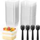 Homaisson 100 PCS 8 oz Plastic Dessert Cups, Disposable Parfait Cup with Lid and Spork, Square Clear To Go Containers for Pudding, Yogurt, Mousse, Trifle, Ice Cream, Cake, Fruit