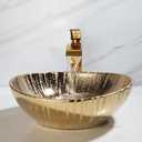 Gold Ceramic Bathroom Vessel Sink with Faucet and Drain Combo Bowl Above Counter Vessel Sink Oval for Modern Luxury Bathroom, 13.2"l X 16"w X 5.5"h
