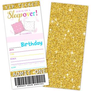 Sleepover Birthday Party Ticket Invitations For Adult, Gold Glitter Birthday Invites, 20 Invitation Cards With Envelopes, Golden Party Favors Decorations -023