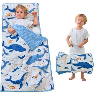 Toddler Nap Mat with Pillow and Blanket, Extra Large Rolled Napping Mats,Slumber Bags for Boys Girls,Kids Sleeping Bag for Daycare, Preschool Travel Camping (Ocean Whale)