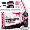 Saker Mini Electric Chainsaw,6 Inch, Handheld Portable Chain Saw Pruning Shears Chainsaw Cordless for Tree Branches,Household and Garden(SAKER MINI CHAINSAW PINK + 2 BATTERIES + 3 CHAINS)