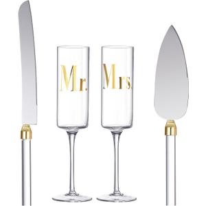 Boao 4 Pieces Wedding Toasting Flutes and Cake Server Set Wedding Reception Supplies Cylinder Champagne Glasses Cake Knife Pie Server(Gold)