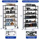 75"H Metal Storage Shelf with Wheels, 6 Tiers, 2280LBS, Black, 75"H X36"W X14"D
