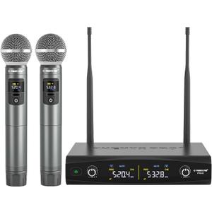 Phenyx Pro Wireless Microphone System, Metal Wireless Mic Set, Handheld Cordless Dynamic Microphones for Singing, Karaoke, Church, 2x30 UHF Tunable Frequencies,200 ft Range (PTU-52-2H)