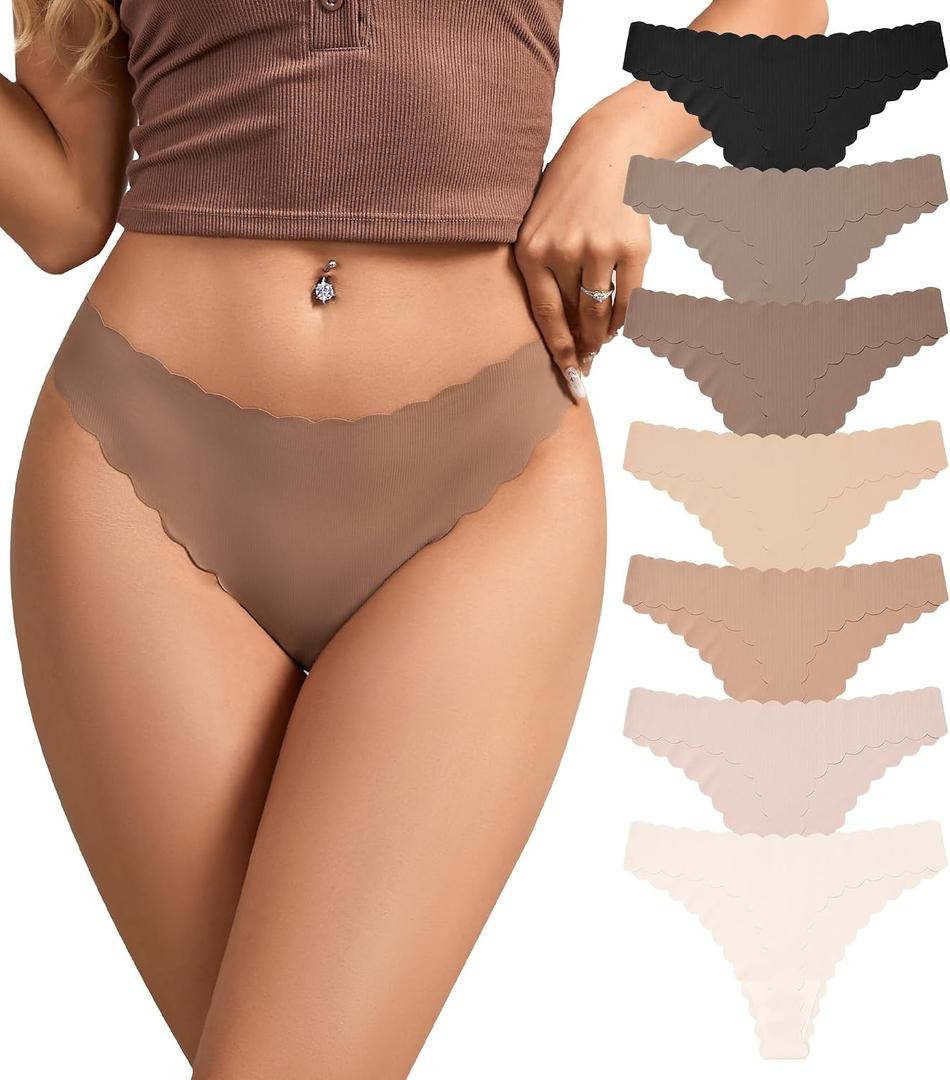 SHARICCA Womens Seamless Thongs No Show Underwear Soft Ribbed Invisible Panties Wave Edge Multi Pack, Size: Large