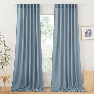 RYB HOME Linen Curtains 108 inches Long, Extra Long Floor Sweeping Semi Sheer Curtains Light Filtering Privacy Linen Blend Drapes for Sliding Glass Door Living Room, 52" inches Wide, Dusty Blue