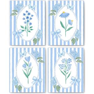 FITIE Blue and White Striped Floral Wall Art Posters Set of 4, Grandma Core Home Decor, Cottagecore Coquette Blue Bow Hydrangea Flower Canvas Prints Artwork Wall Decor, 8x10 Unframed