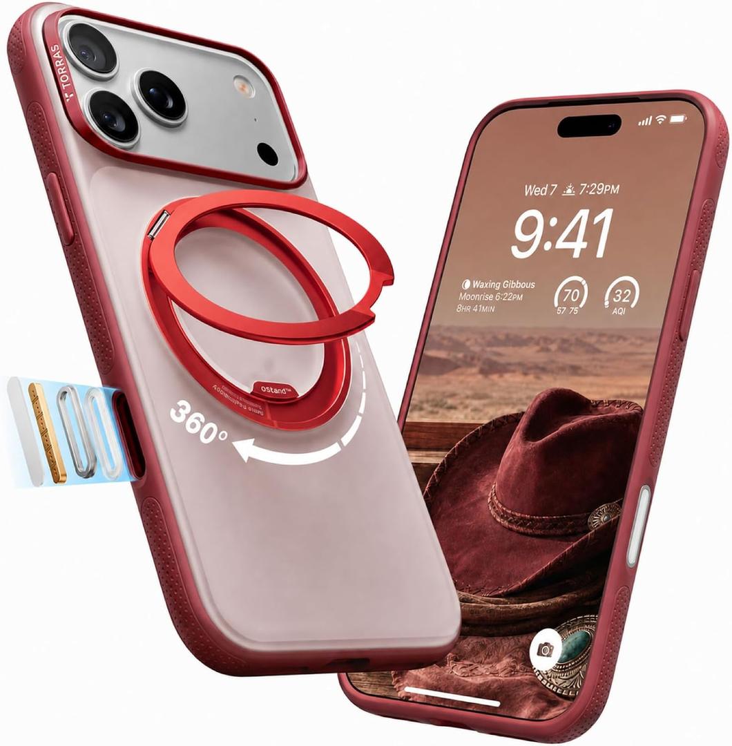TORRAS for iPhone 17 Pro Case 360 Magnetic Durable Stand O3 Fitness Series, [Fit for MagSafe] [360° Rotating Kickstand] 4X Mil-Grade Shockproof, Camera Control Button, Slim,G-Burgundy Red