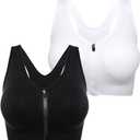 Women's Zip Front Sports Bra - Wireless Post-Surgery Bra, Medium Support for Yoga & Light Workouts (XX-Large, Black+white)