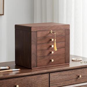 Black Walnut Wooden Jewelry Box Wood Jewelry Organizer with 2 Side Doors Mirror Lockable Classical Style for Watch Necklace Ring Earring Storage Mothers Day Gifts for Mom-5 Layer