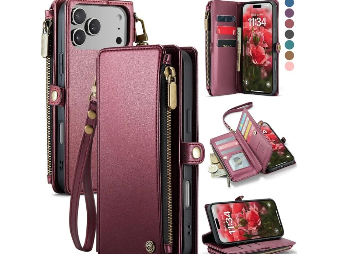 Defencase Compatible with iPhone 17 Pro Case Wallet with RFID Blocking Card Holder for Women Men, Fashion PU Leather Magnetic Snap Flip Zipper Strap Wallet Phone Case for iPhone 17 Pro 6.3", Burgundy