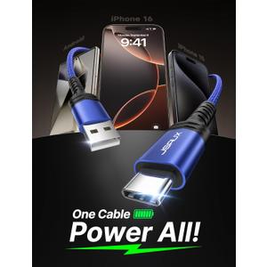 JSAUX USB C Cable Fast Charging 2-Pack(10ft+6.6ft+3.3ft), iPhone 16 Charger USB A to Type C Charge Cord for iPhone 16/16 Pro/16 Pro Max/16e/15, Samsung Galaxy S23 S22 S20, Note 20, USB C Charger(Blue)