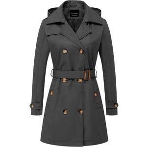 CREATMO US Women's Trench Coat Double-Breasted Classic Lapel Overcoat Belted Slim Outerwear Coat with Detachable Hood (Grey, S)