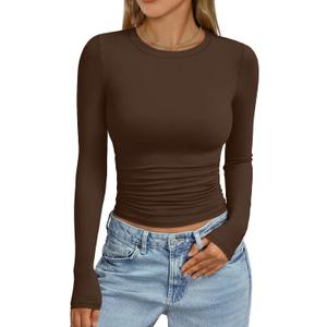 Trendy Queen Womens Long Sleeve Shirts Crop Tops Fall Fashion 2026 Going Out Basic Winter Clothes (Brown, XS)