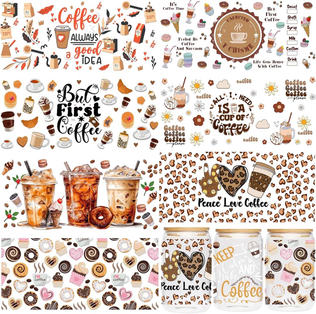 UV DTF Cup Wraps Transfer - 8 Sheets Coffee UV DTF Transfer Sticker for 16 OZ Glass, Coffee Dessert Love Icecream Bread Design, Ready to Press, Waterproof DIY Crafts