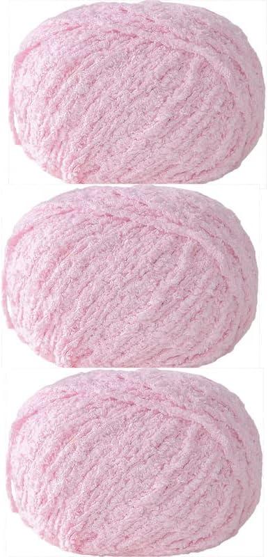 Handmade DIY Knitting Yarn,100% Polyester,Ideal for Blanket, Throws, Pillow, Baby Dolls Projects 3 Skeins (Light pink purple)