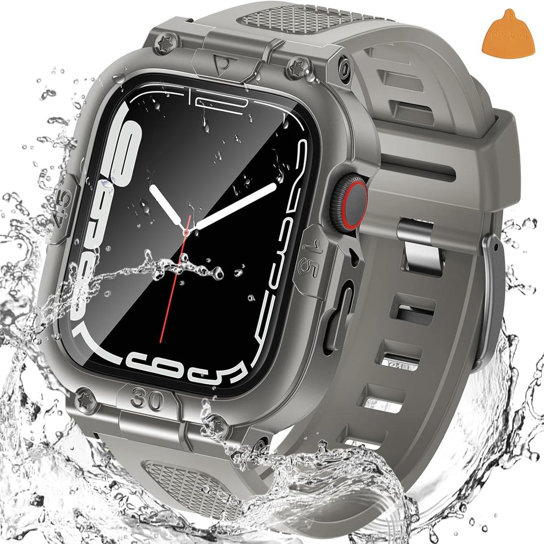 Goton 3 in 1 Waterproof Case with Band for Apple Watch with Built-in Tempered Glass Screen Protector 45mm, 360 Shockproof Bumper Face Cover with Band for Apple Watch Series 9/8/7, 45mm (Titanium)