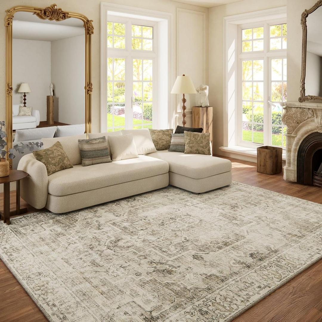 Washable Area Rugs for Living Room: 6x9 Bedroom Area Rugs Boho Vintage Rugs Stain Resistant Non Slip Low Pile Soft Lightweight Carpet for Kitchen Dining Room Farmhouse Nursery Kids Room Home Office (Brown and Cream)