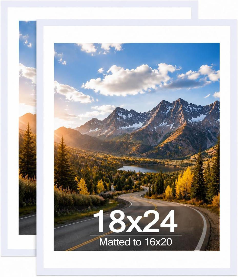 Wood 18x24 Picture Frame with 16x20 Mat White, Display 16x20 with Mat or 18x24 Without Mat, Wood 18 by 24 Photo Frame, 18 x 24 Frame for Wall Hanging Display, White, 2 Pack