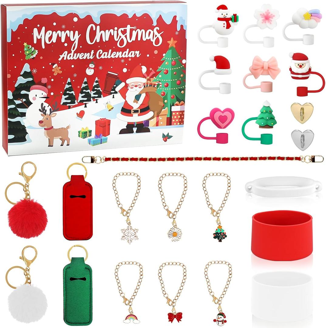 2025 Advent Calendar 24-Day Christmas Countdown Calendars, Including Water Bottle Handle, Silicone Boots, 10 mm Straw Cover Topper Cap, Suitable for Girls Adults as Christmas New Year Surprise Gift