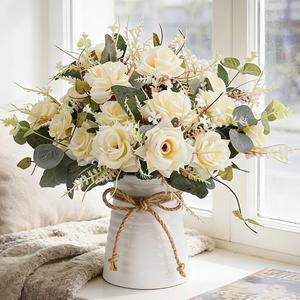LESING Artificial Rose with Vase, Fake Silk Flowers Bouquets in Vase Table Centerpiece Arrangement for Kitchen Living Room(Champagne-1)