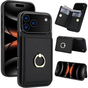 TIANLI Compatible with iPhone 17 Pro Max Wallet Case with Card Holder, 360° Rotation Ring Kickstand RFID Blocking PU Leather Double Magnetic Clasp Shockproof Cover for Women Man, Black