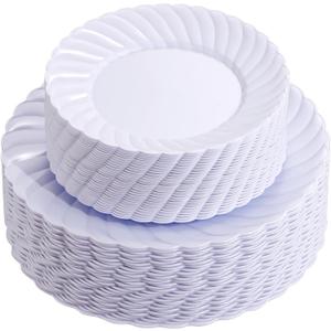 U-QE 100 Pieces White Plastic Plates - Premium Heavy Duty Plastic Plates for Wedding and Party Use Including 50PCS 9 '' & 50PCS 6.5 ''