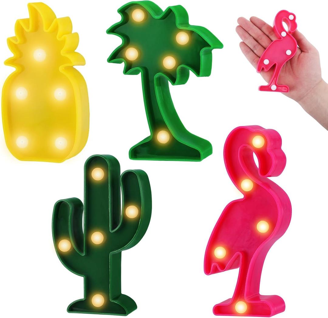 Bigmeta Hawaiian Party Decorations Lights - 4 Shapes Flamingo Cacti Pineapple Palm Tree Mini LED Sign Lamps for Summer Beach Tropical Party Decor Supplies
