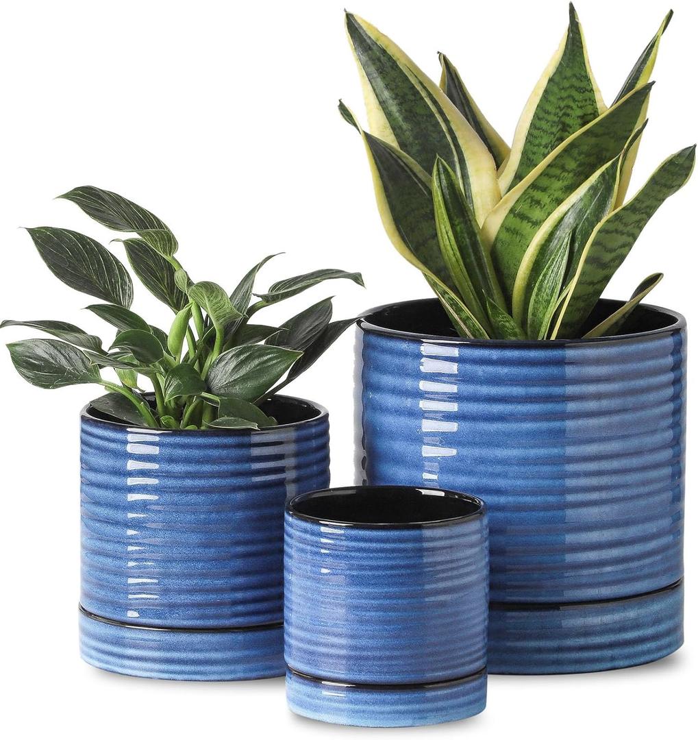 HASENSE Ceramic Pot for Indoor Plant, 8+6+4.6 Inch Planter with Drainage Holes and Saucer, Reactive Glaze Blue Flower Pots for Home Office Decor, Set of 3