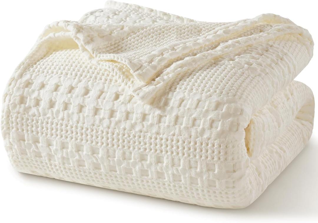 PHF 100% Cotton Waffle Weave Blanket Queen Size for Bed, Soft Lightweight & Breathable for Spring and Summer, All-Season Comfort, Luxury Aesthetic Blanket for Home Decor, 90"x90", Ivory