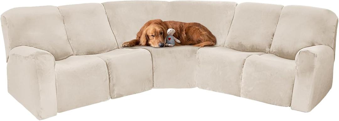 MINGPINHUIUS 7 Piece Velvet Sectional Sofa Covers Recliner Sofa Cover High Elastic Sofa Slipcover Non-Slip Washable Split Sofa Cover Great for Kids & Pets (Beige) (5 Seat)